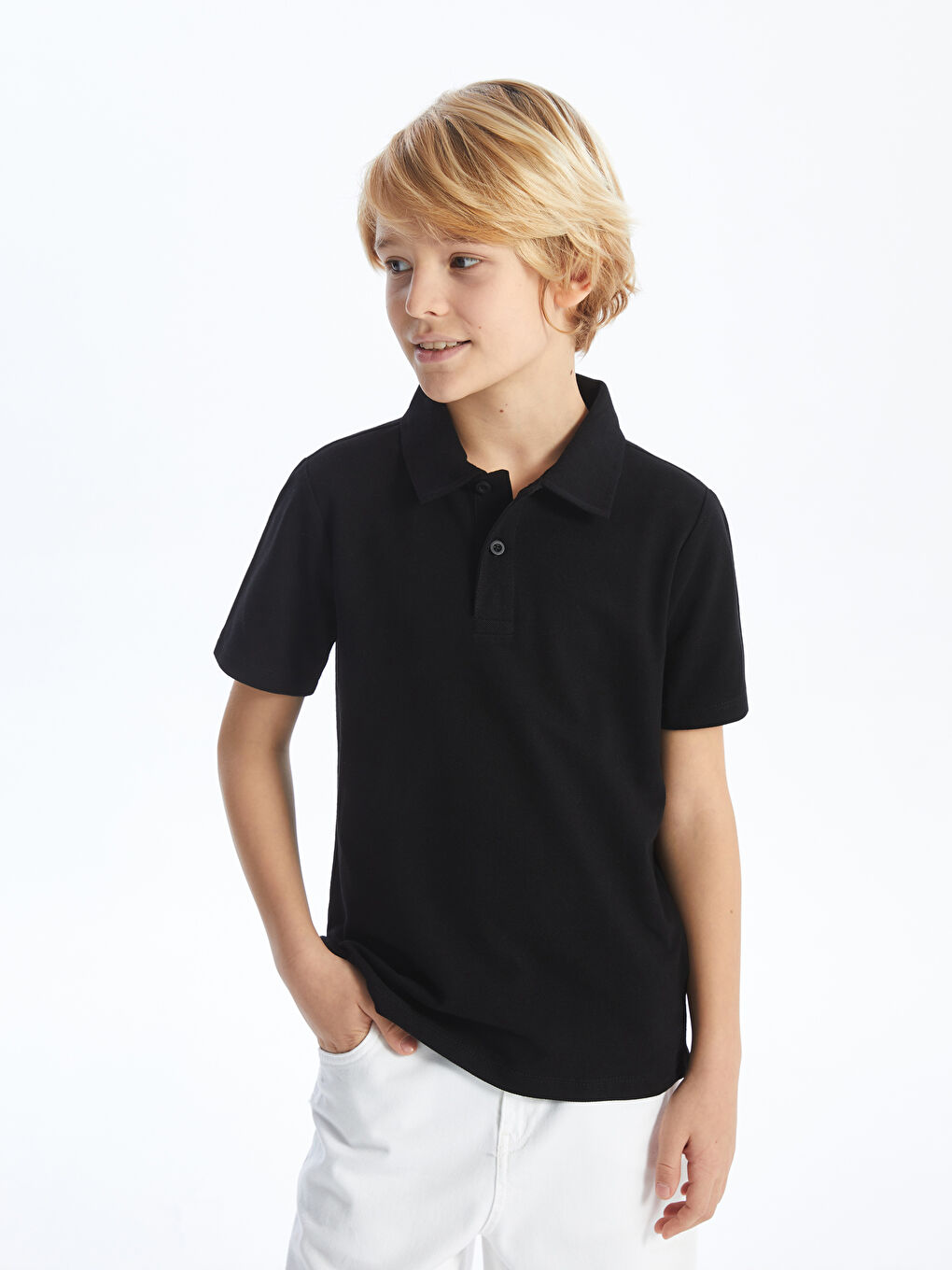 Siyah Polo Yaka Basic Kısa Kollu Erkek Çocuk Tişört