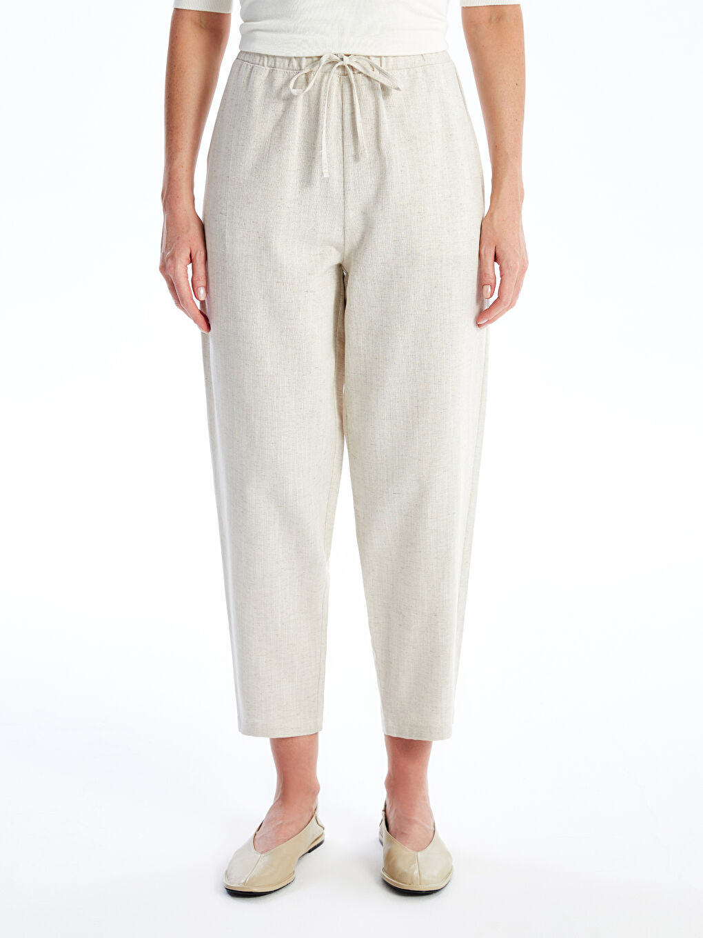 Ekru Beli Lastikli Düz Keten Karışımlı Kadın Pantolon-1