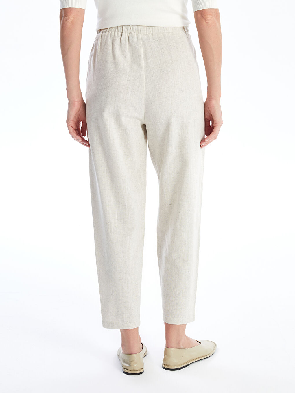 Ekru Beli Lastikli Düz Keten Karışımlı Kadın Pantolon-3