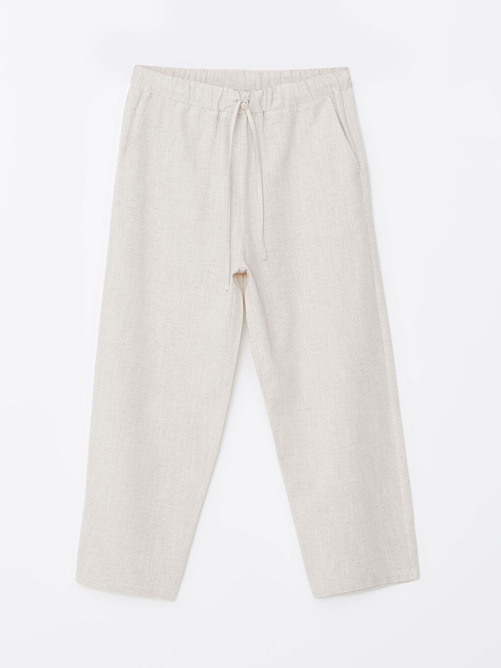 Ekru Beli Lastikli Düz Keten Karışımlı Kadın Pantolon-4