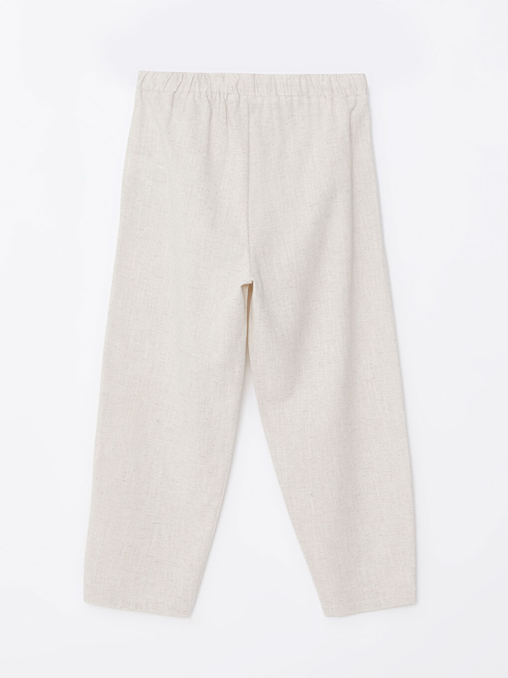 Ekru Beli Lastikli Düz Keten Karışımlı Kadın Pantolon-5