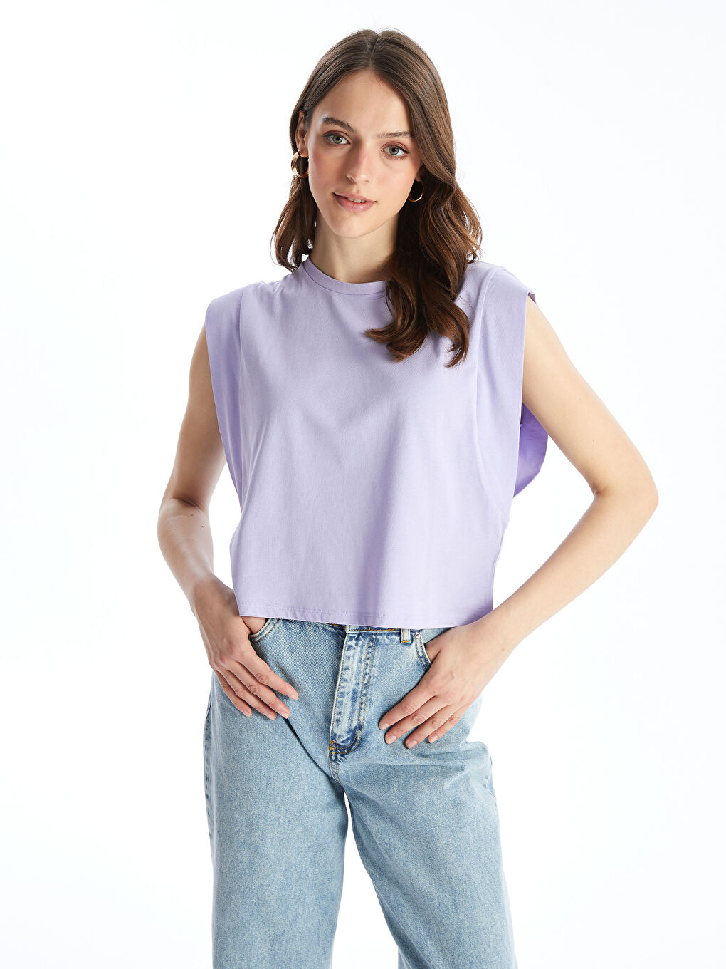 Lila Bisiklet Yaka Düz Kısa Kollu Kadın Tişört