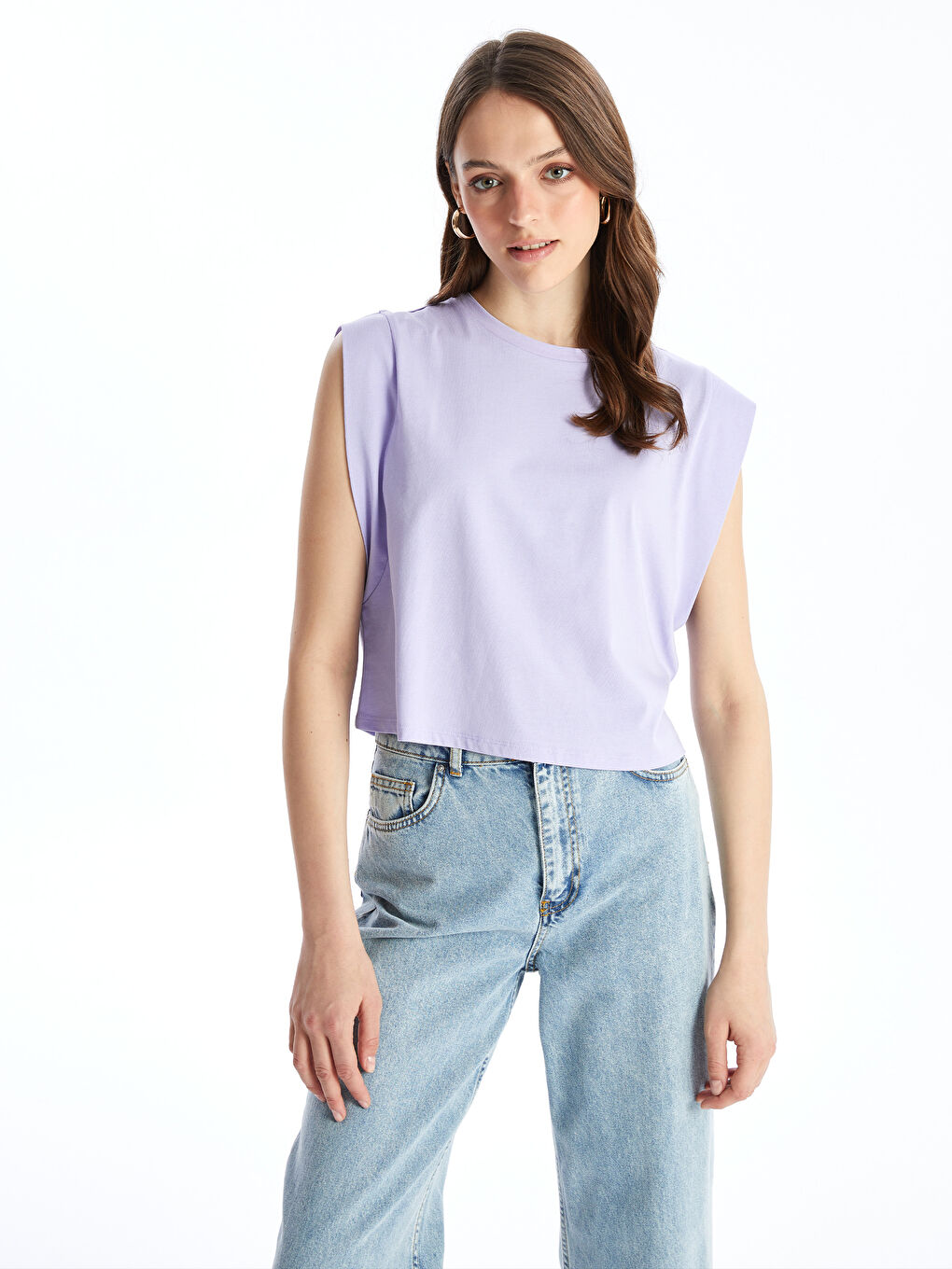 Lila Bisiklet Yaka Düz Kısa Kollu Kadın Tişört-2