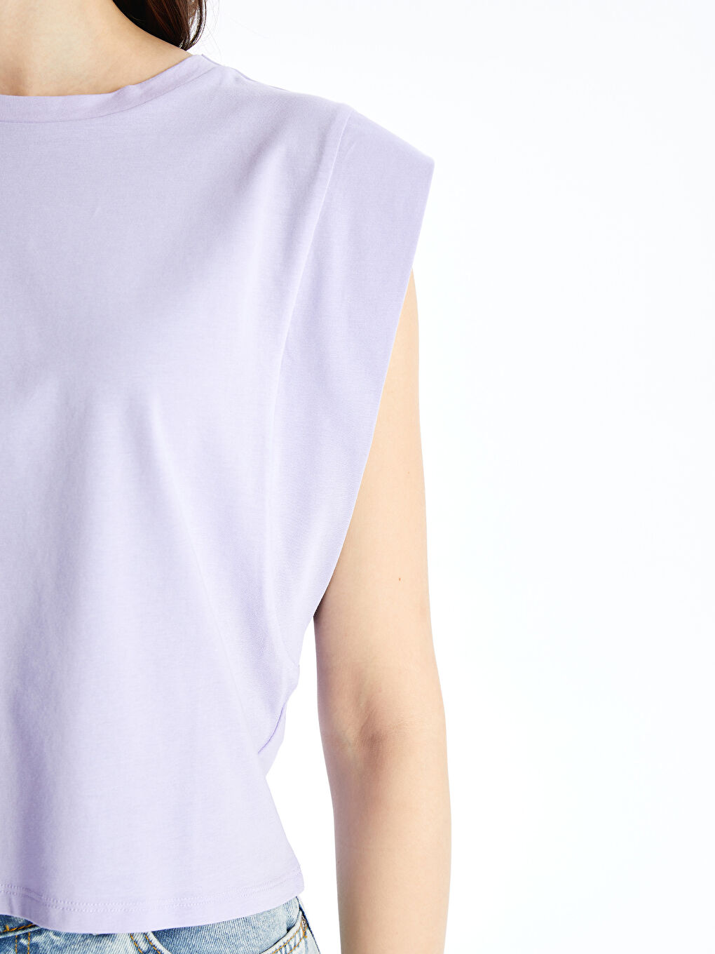 Lila Bisiklet Yaka Düz Kısa Kollu Kadın Tişört-3