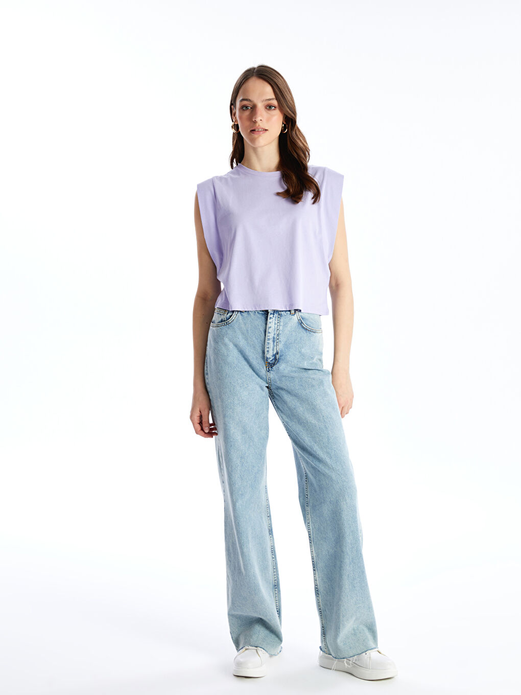 Lila Bisiklet Yaka Düz Kısa Kollu Kadın Tişört-4