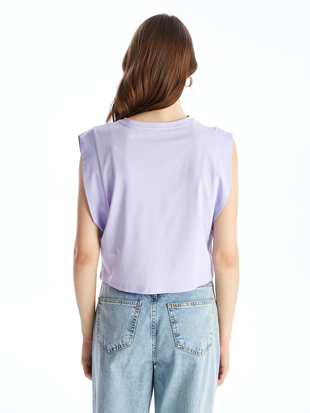 Lila Bisiklet Yaka Düz Kısa Kollu Kadın Tişört-5