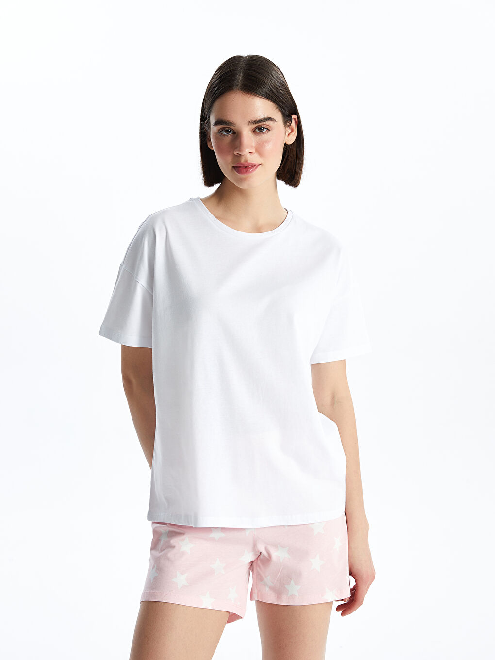 Pembe Bisiklet Yaka Baskılı Kısa Kollu Kadın Şortlu Pijama Takımı-1