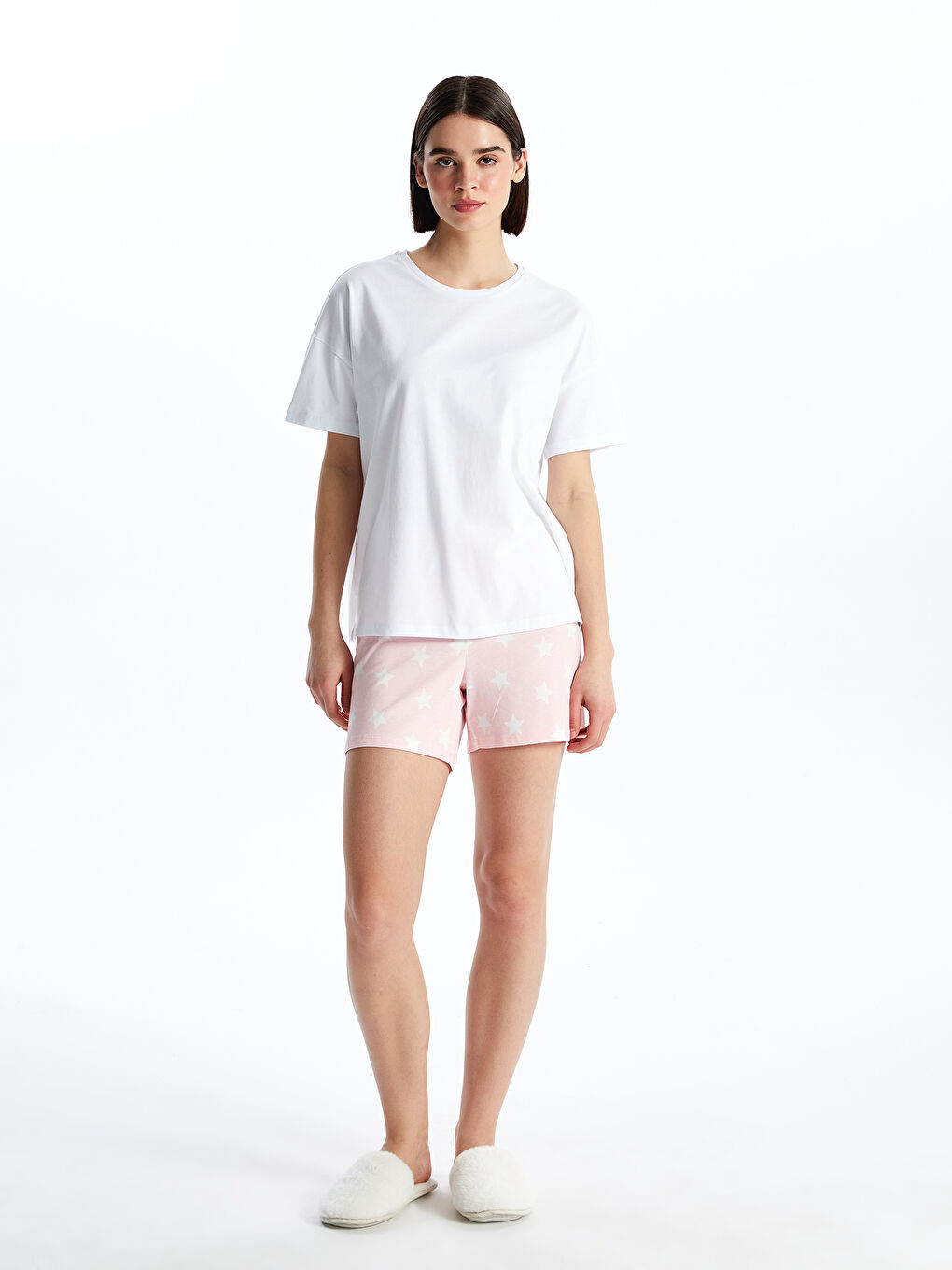 Pembe Bisiklet Yaka Baskılı Kısa Kollu Kadın Şortlu Pijama Takımı-3