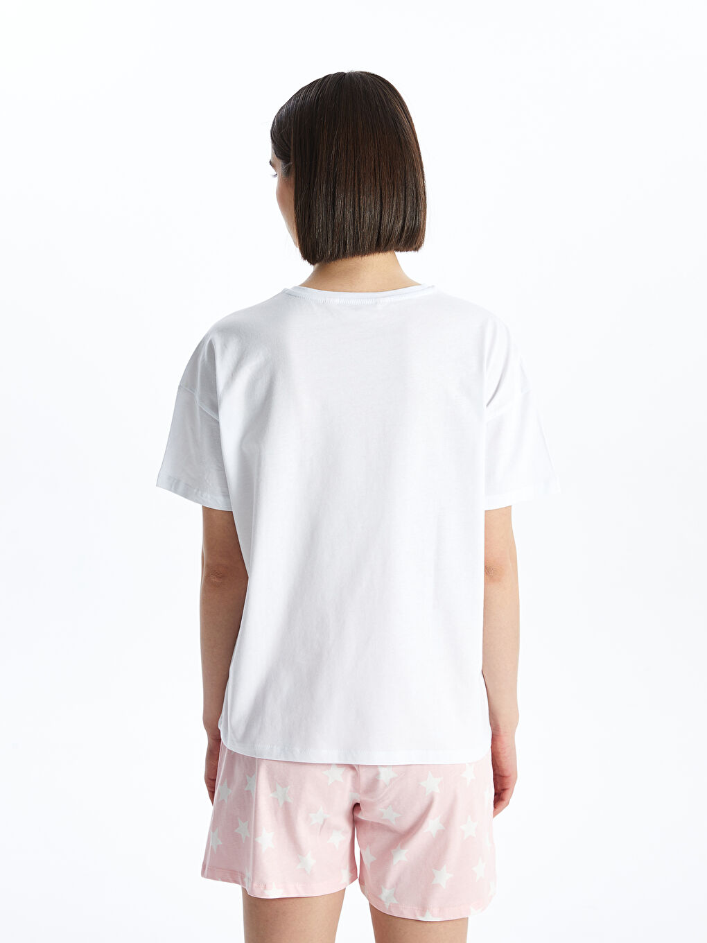 Pembe Bisiklet Yaka Baskılı Kısa Kollu Kadın Şortlu Pijama Takımı-9