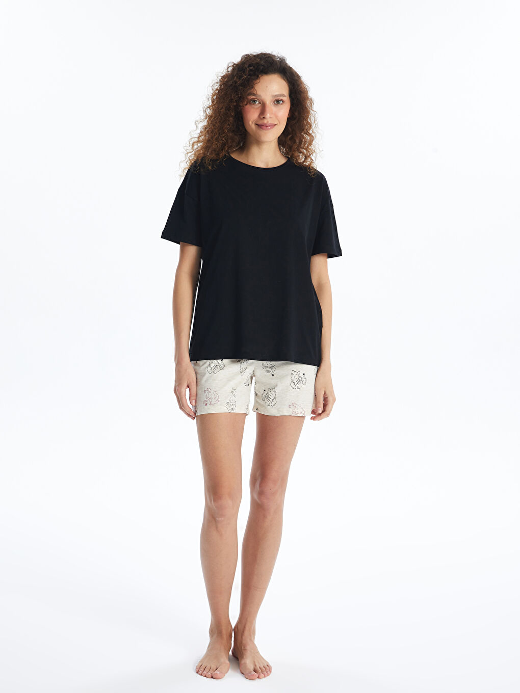 Bej Beli Lastikli Baskılı Kadın Şort Pijama Altı