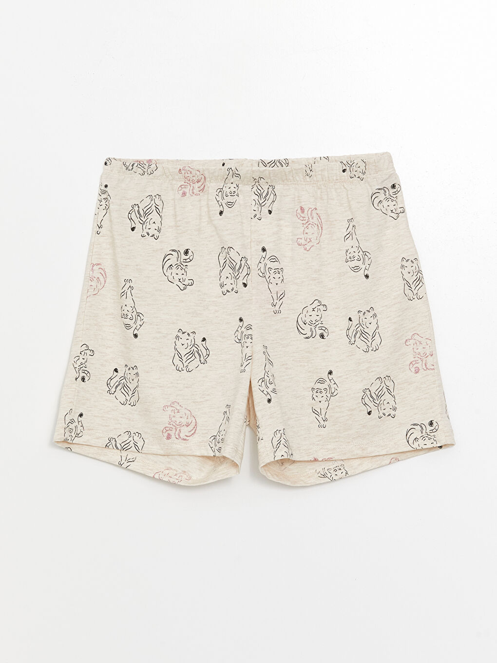 Bej Beli Lastikli Baskılı Kadın Şort Pijama Altı-5