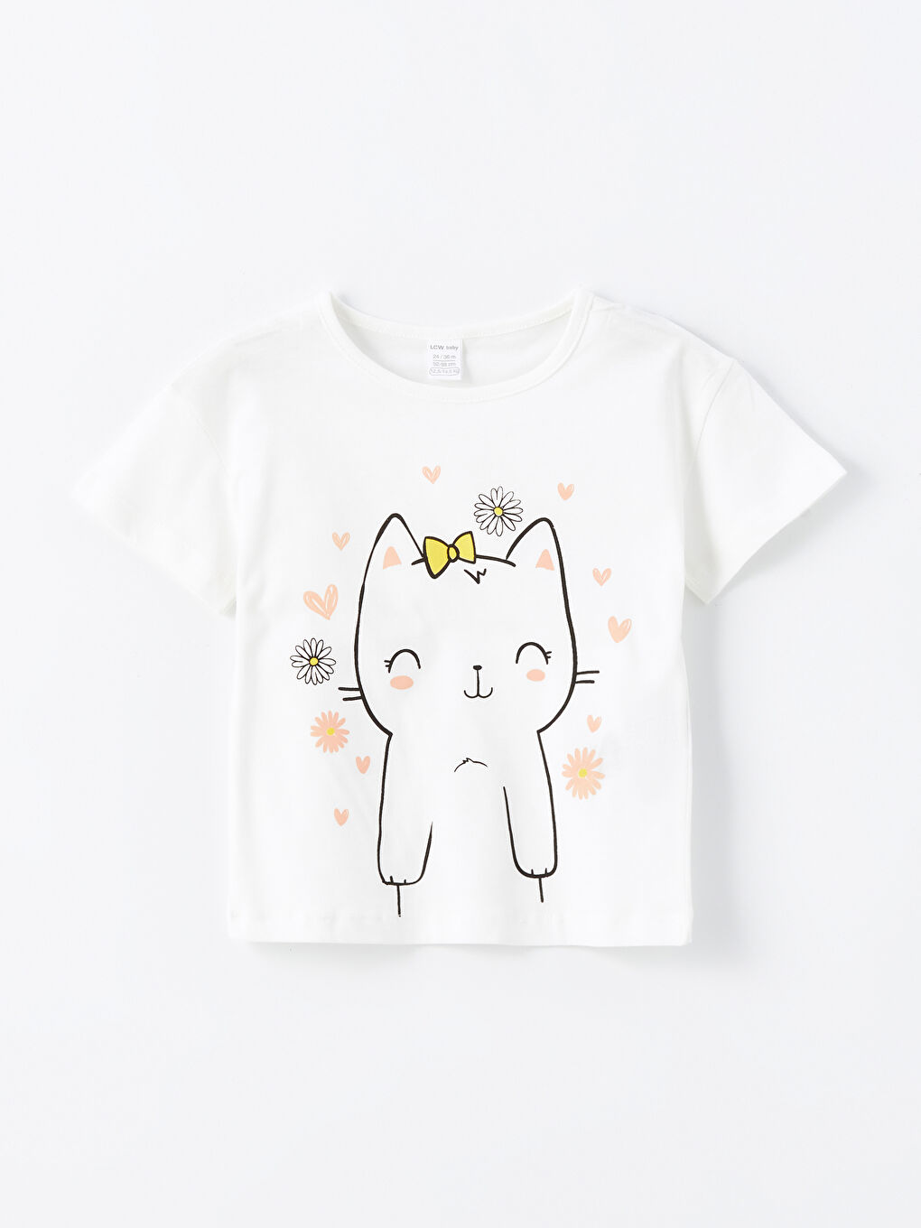 Beyaz Sevimli Kedi Baskılı Kız Çocuk Tişört