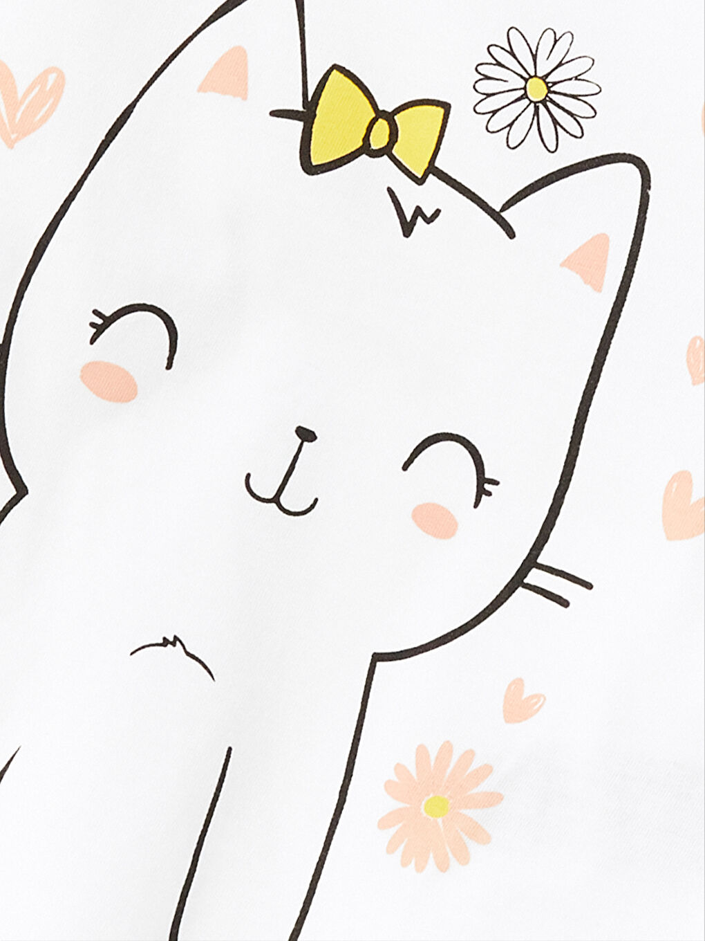 Beyaz Sevimli Kedi Baskılı Kız Çocuk Tişört-1