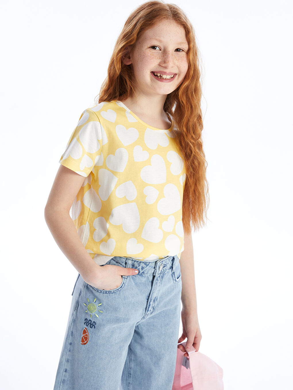 Sarı Bisiklet Yaka Baskılı Kısa Kollu Kız Çocuk Tişört