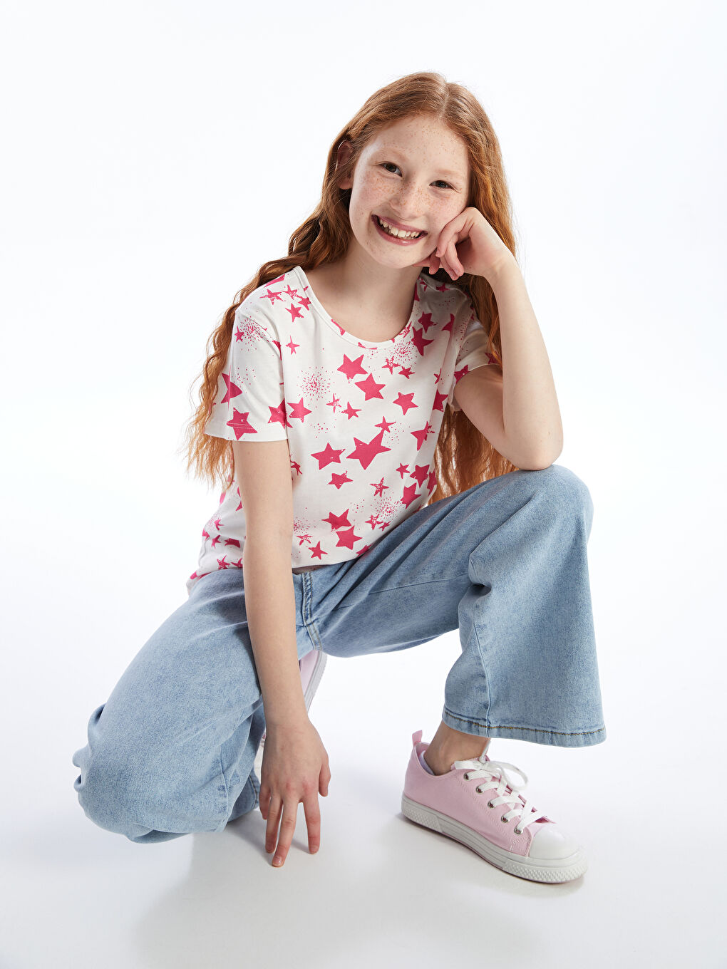 Beyaz Bisiklet Yaka Baskılı Kısa Kollu Kız Çocuk Tişört