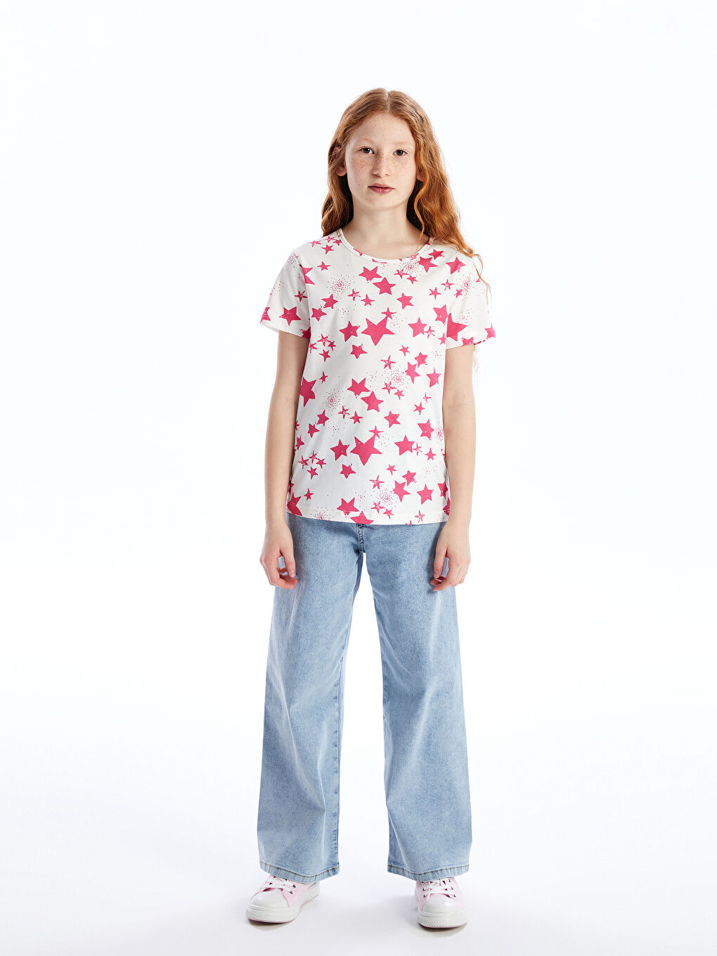 Beyaz Bisiklet Yaka Baskılı Kısa Kollu Kız Çocuk Tişört-1