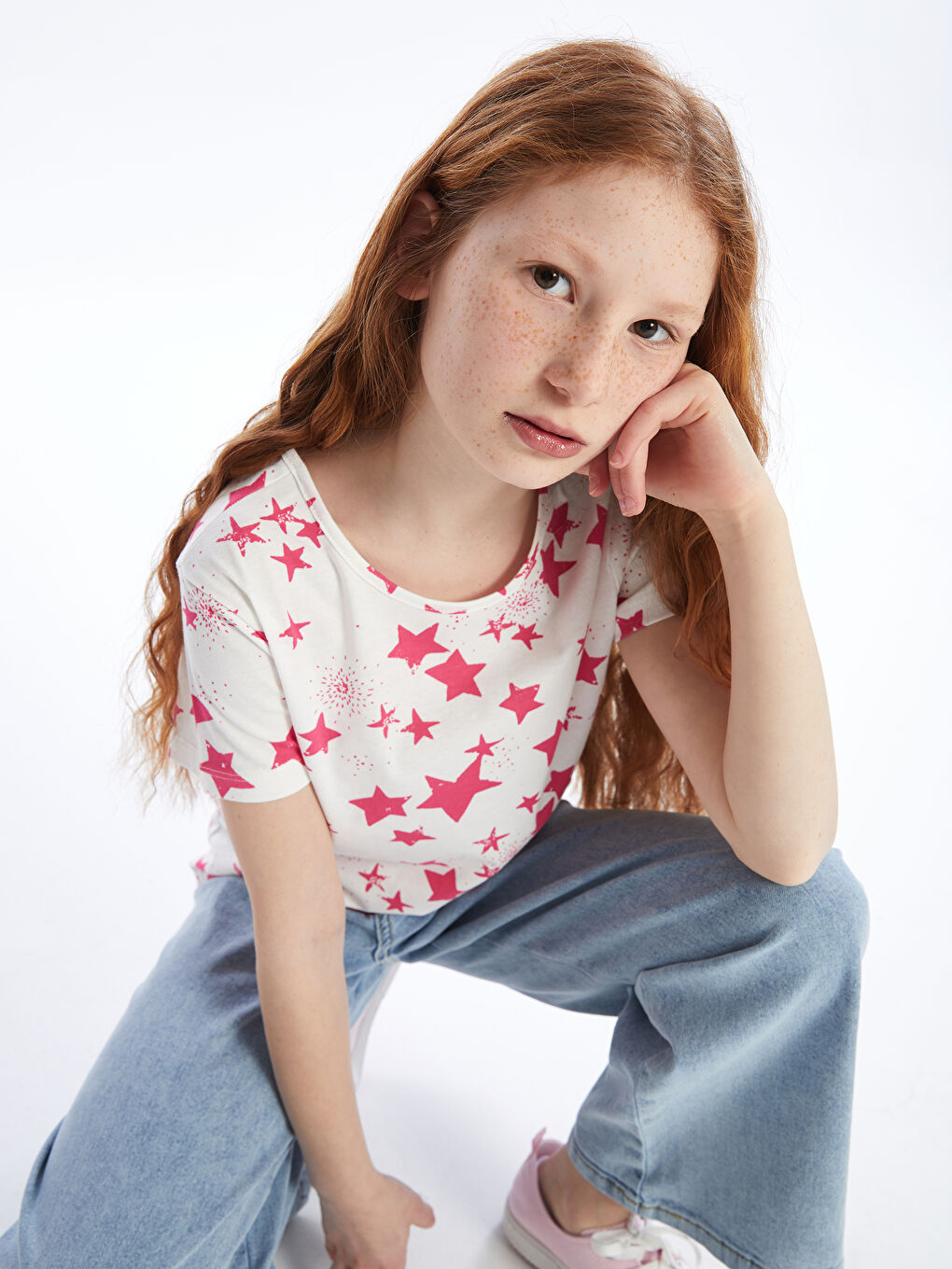 Beyaz Bisiklet Yaka Baskılı Kısa Kollu Kız Çocuk Tişört-2