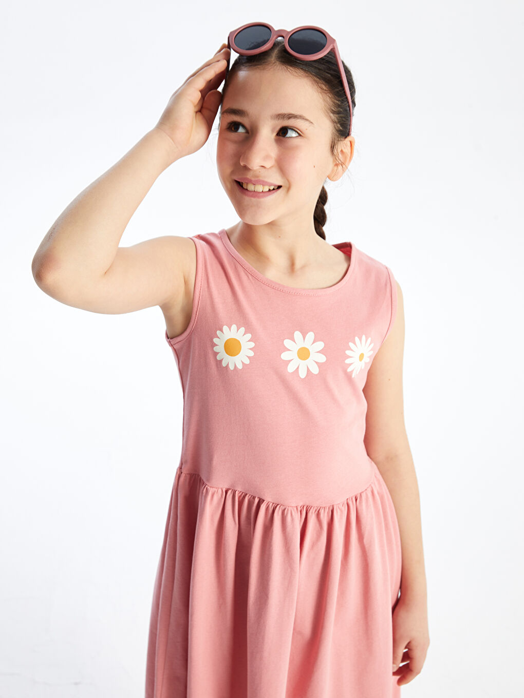 Pembe Bisiklet Yaka Çiçekli Kız Çocuk Elbise-1