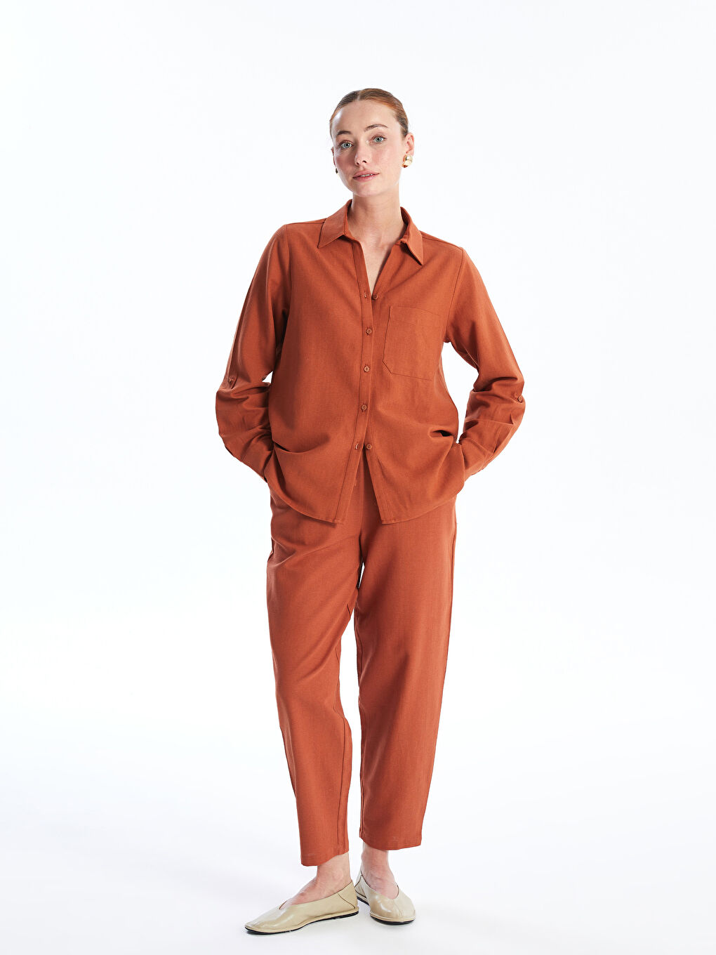 Elastic Waist Comfortable Fit Straight Linen Blend Women's Pants -S4KS80Z8-YH8