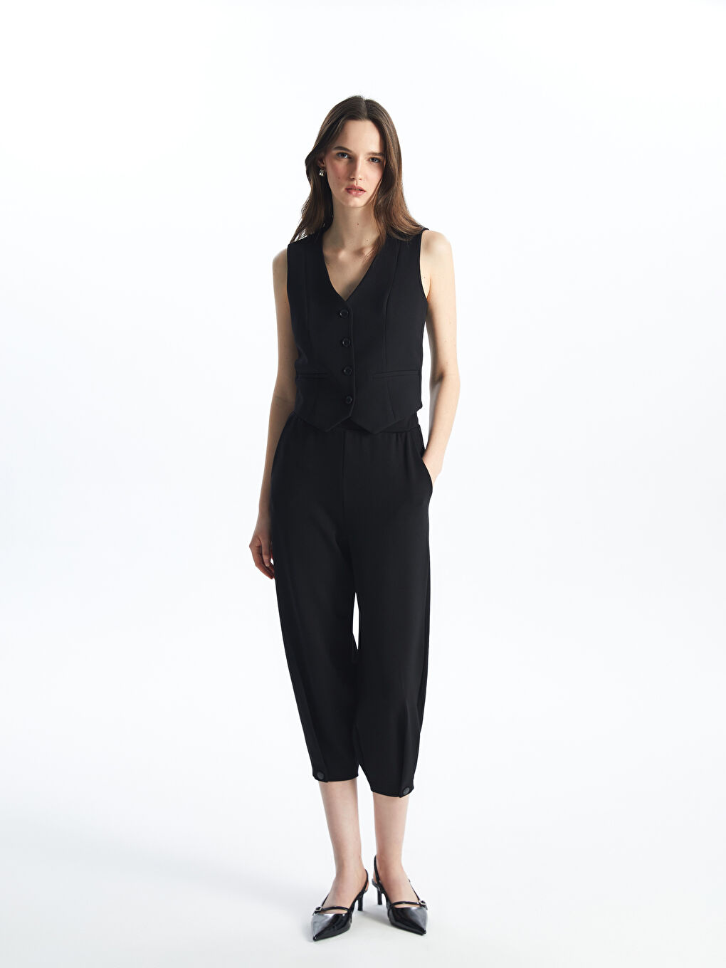 Siyah Beli Lastikli Rahat Kalıp Kadın Pantolon-1