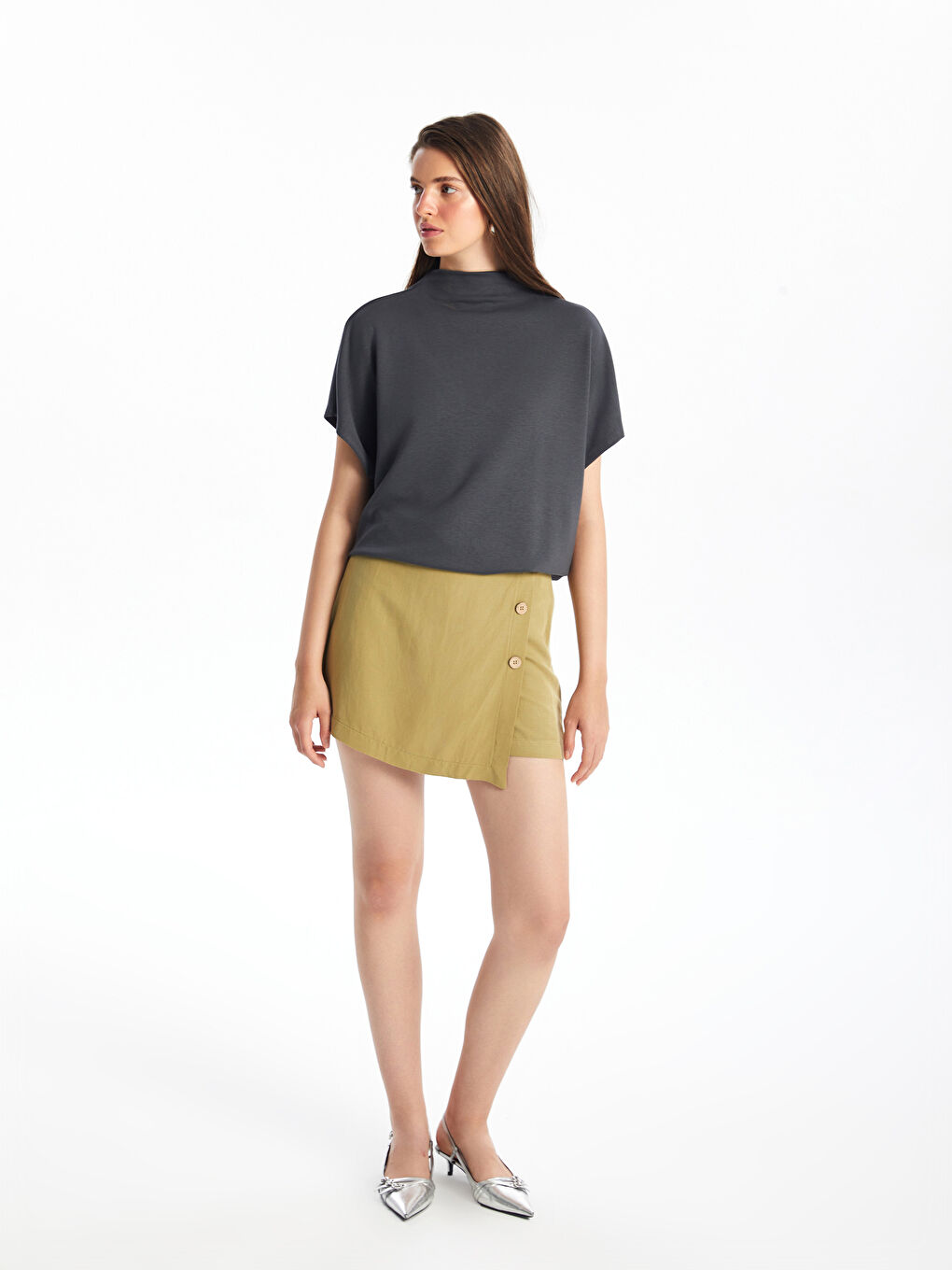 High Collar Plain Short Sleeve Oversize Women's T-Shirt -S4KS90Z8-HEF