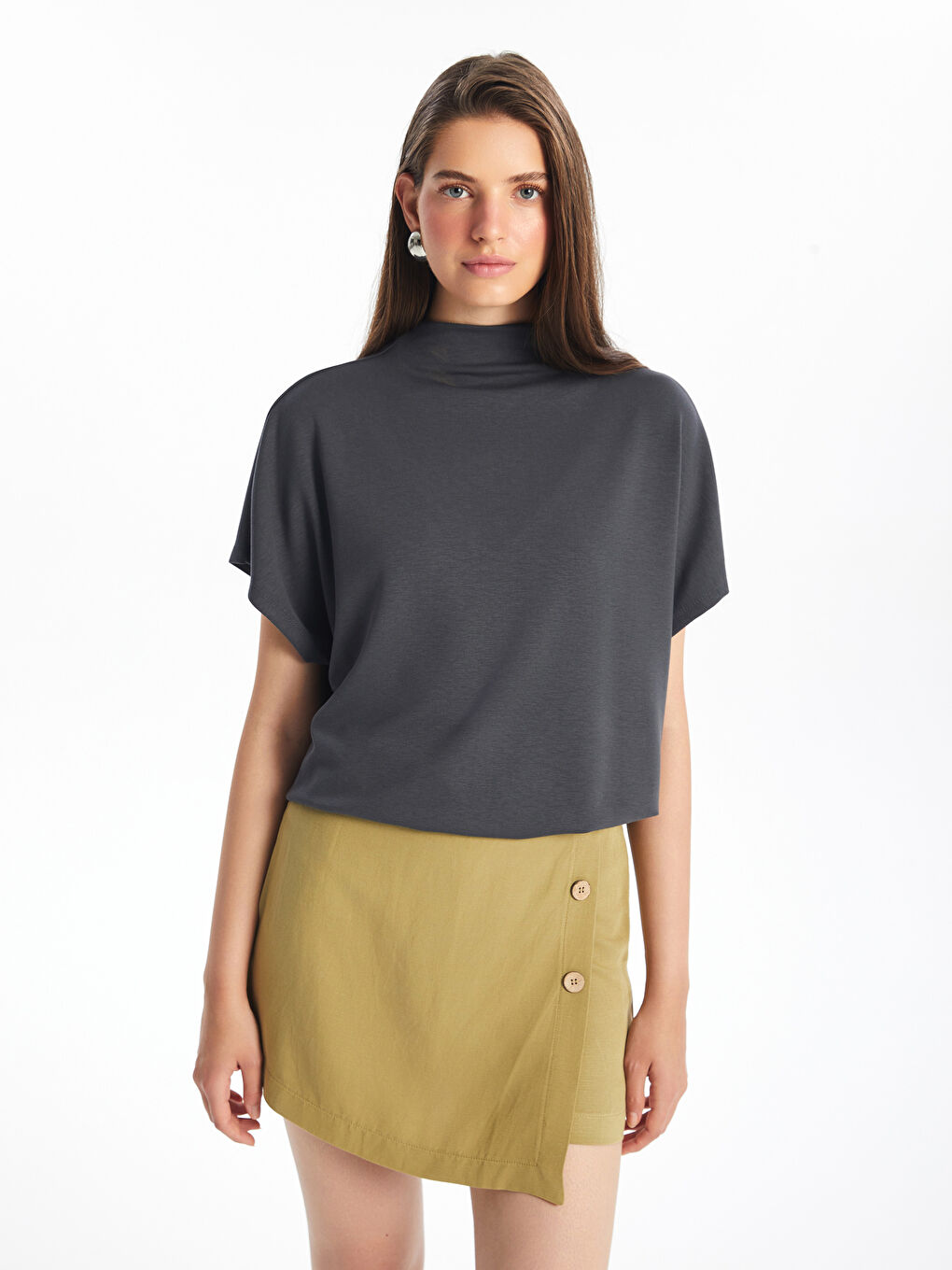 High Collar Plain Short Sleeve Oversize Women's T-Shirt -S4KS90Z8-HEF