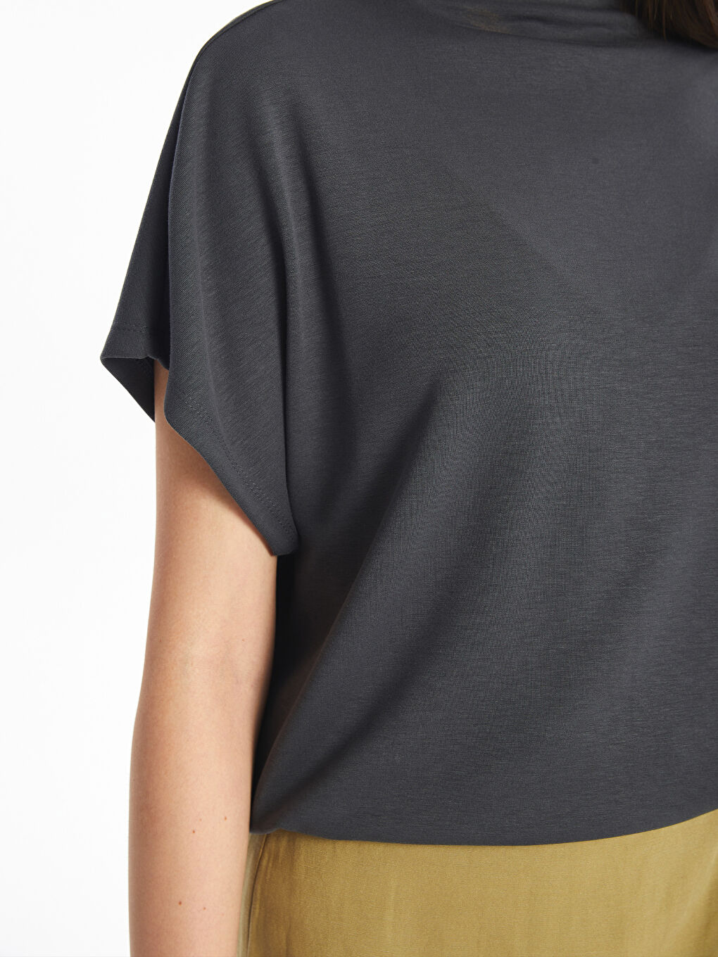 High Collar Plain Short Sleeve Oversize Women's T-Shirt -S4KS90Z8-HEF