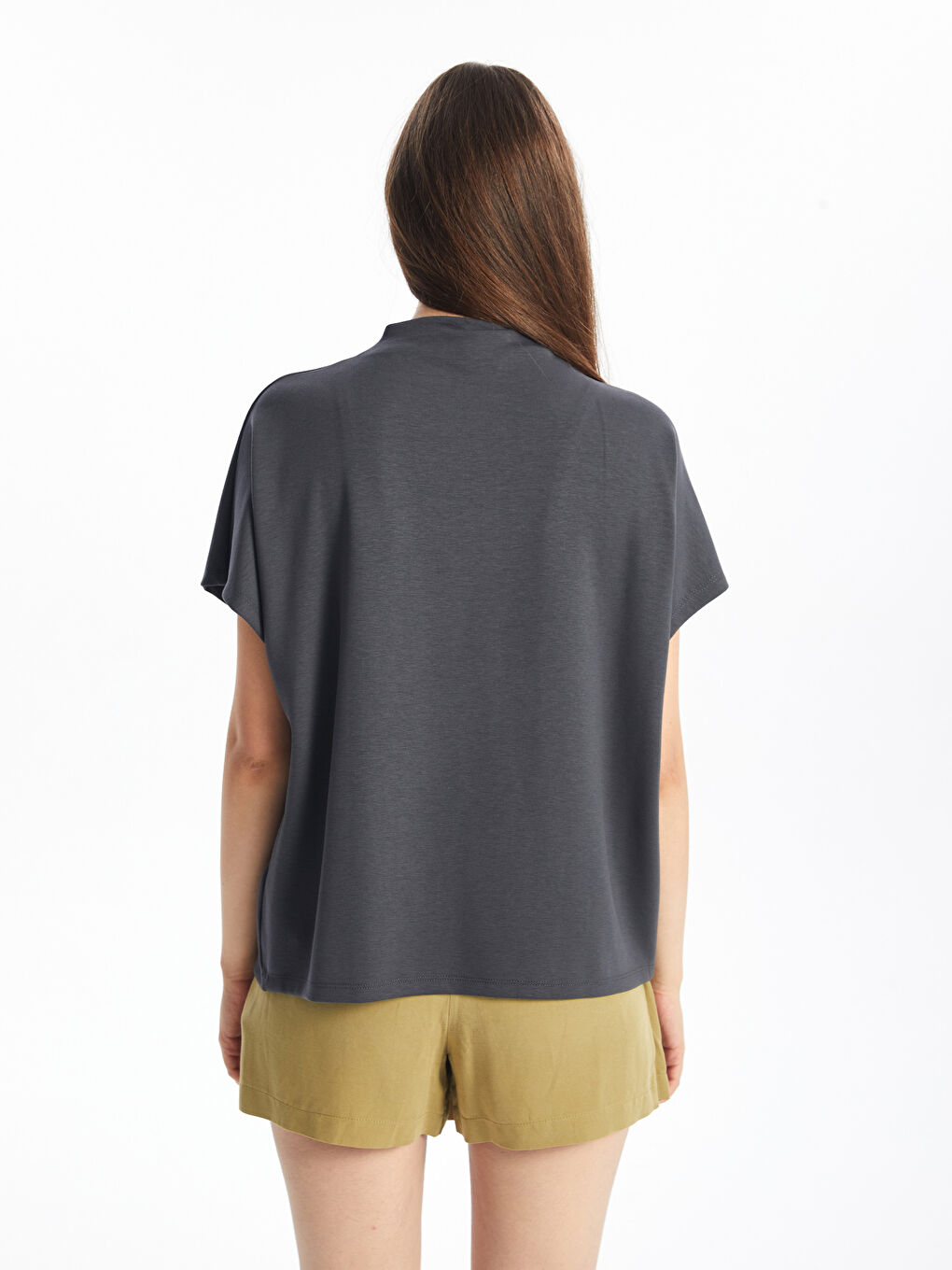 High Collar Plain Short Sleeve Oversize Women's T-Shirt -S4KS90Z8-HEF