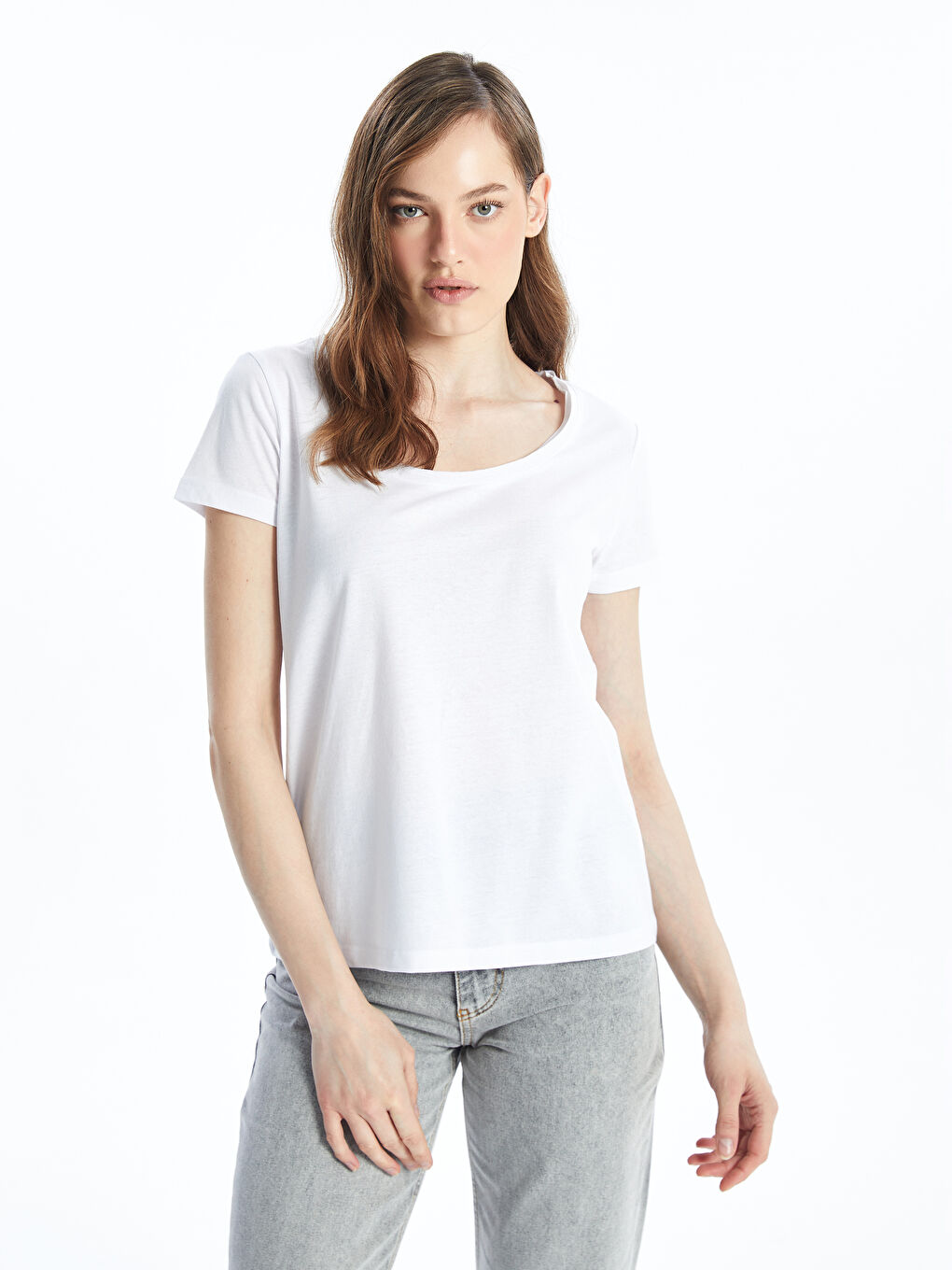 Beyaz Bisiklet Yaka Düz Kısa Kollu Kadın Tişört-2