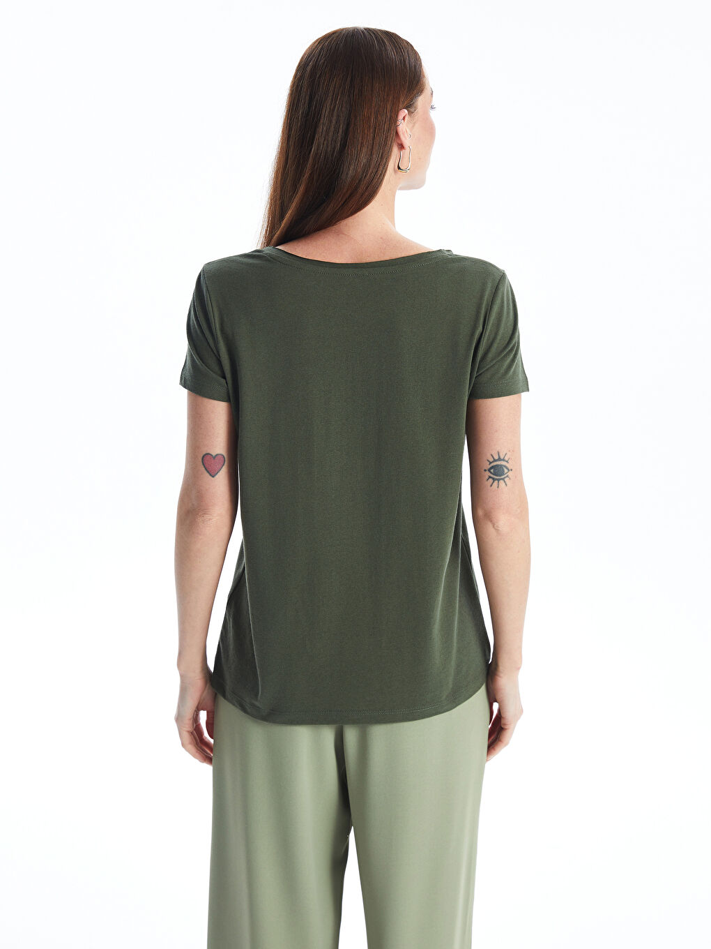 Haki Bisiklet Yaka Düz Kısa Kollu Kadın Tişört-4