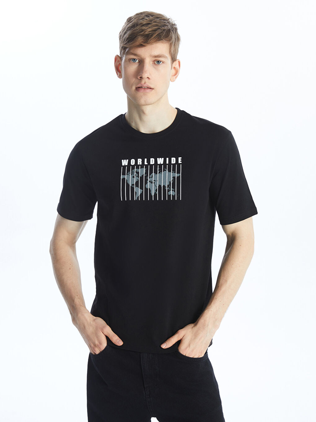 Siyah Bisiklet Yaka Baskılı Kısa Kollu Erkek Tişört-0