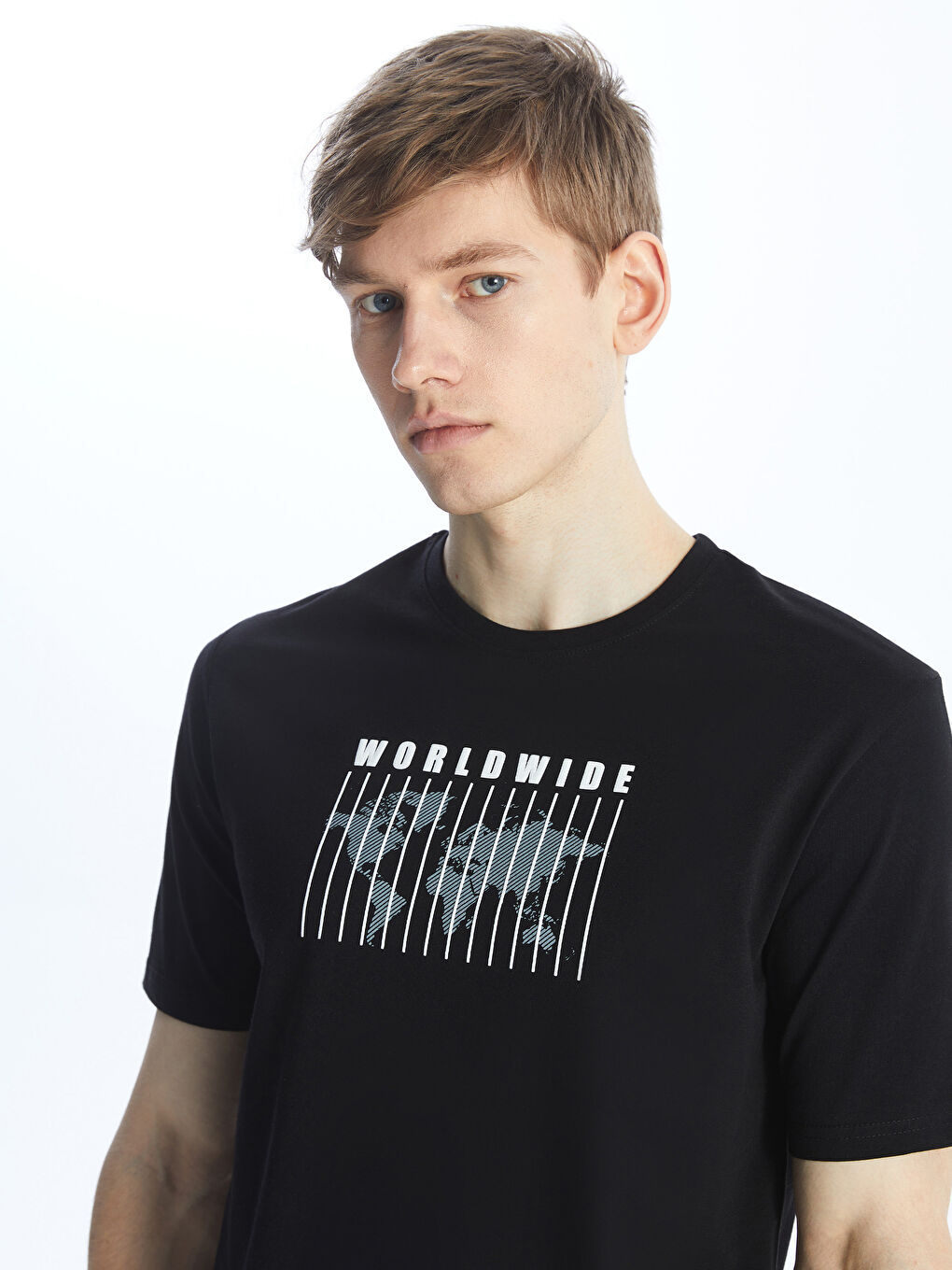 Siyah Bisiklet Yaka Baskılı Kısa Kollu Erkek Tişört-1