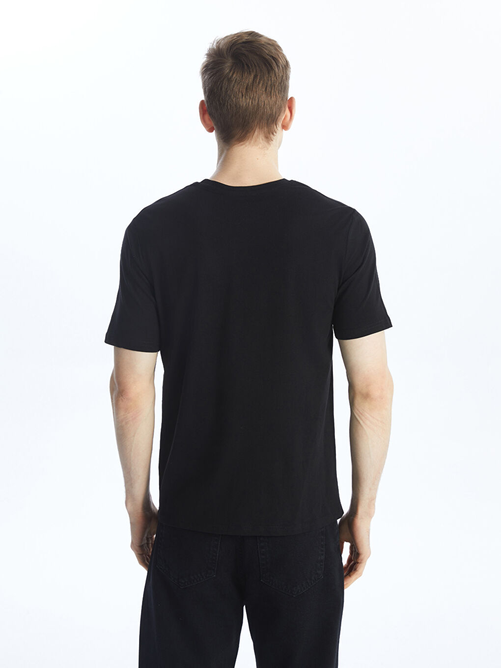 Siyah Bisiklet Yaka Baskılı Kısa Kollu Erkek Tişört-4