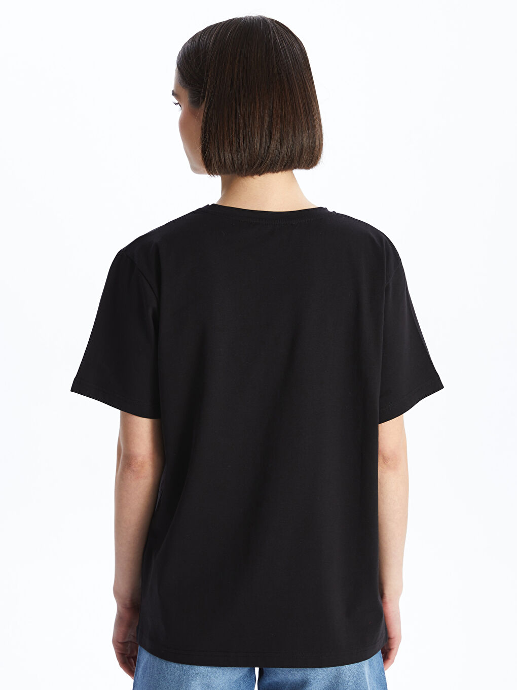 Siyah Bisiklet Yaka Baskılı Kısa Kollu Kadın Tişört-4