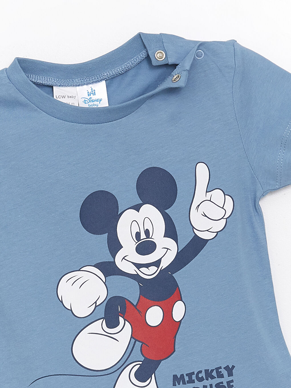 LCW baby Mat Mavi Bisiklet Yaka Kısa Kollu Mickey Mouse Baskılı Erkek Bebek Şortlu Pijama Takımı - 4