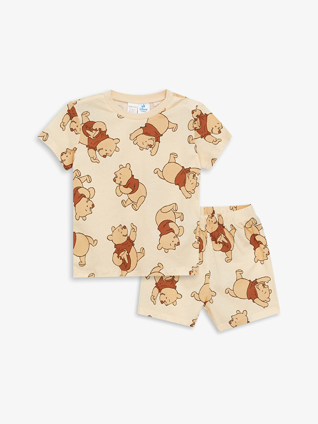 LCW baby Bej Baskılı Bisiklet Yaka Kısa Kollu Winnie the Pooh Baskılı Erkek Bebek Şortlu Pijama Takımı