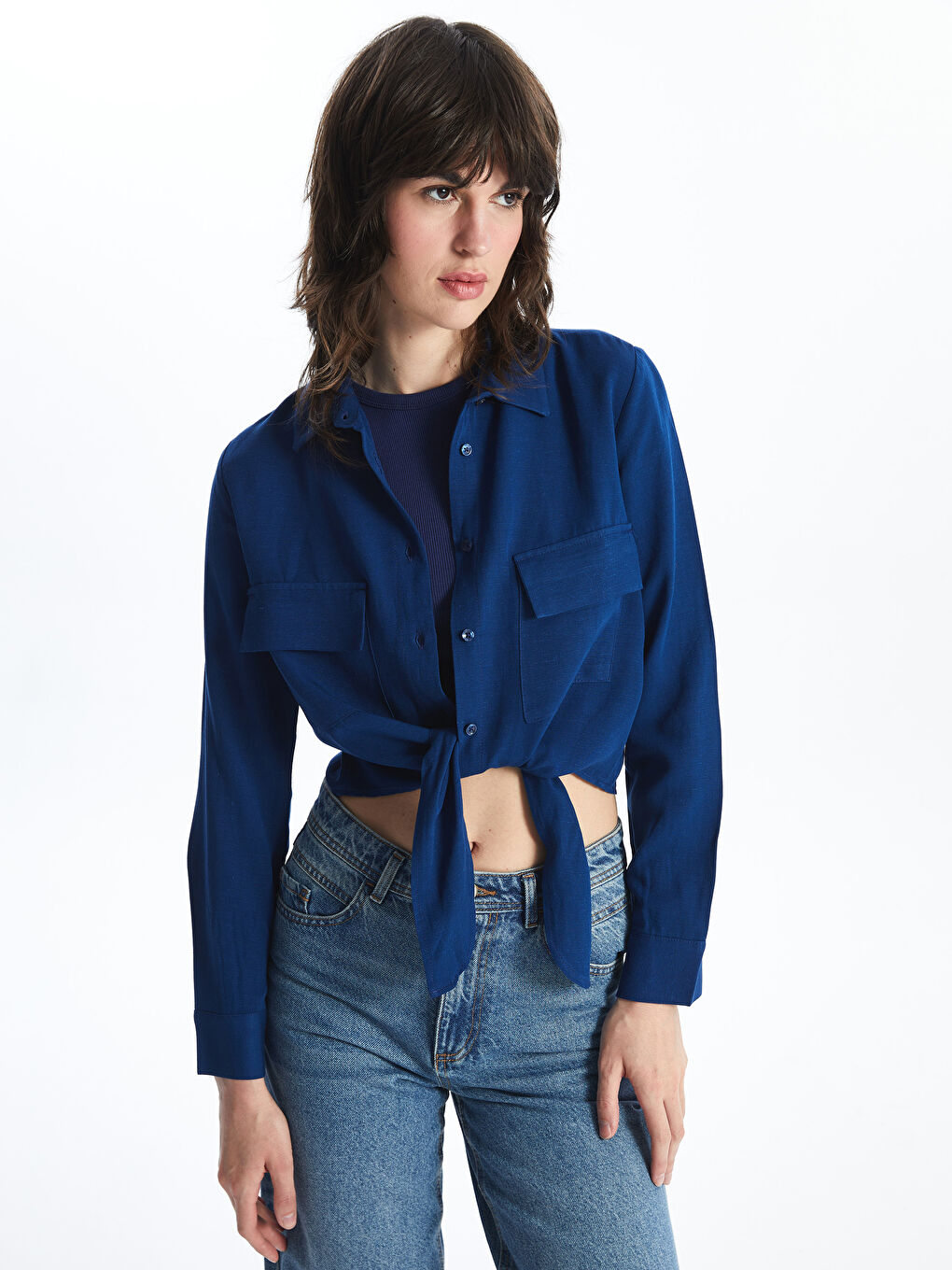 Straight Long Sleeve Linen Blend Women's Shirt -S4KU49Z8-YHT