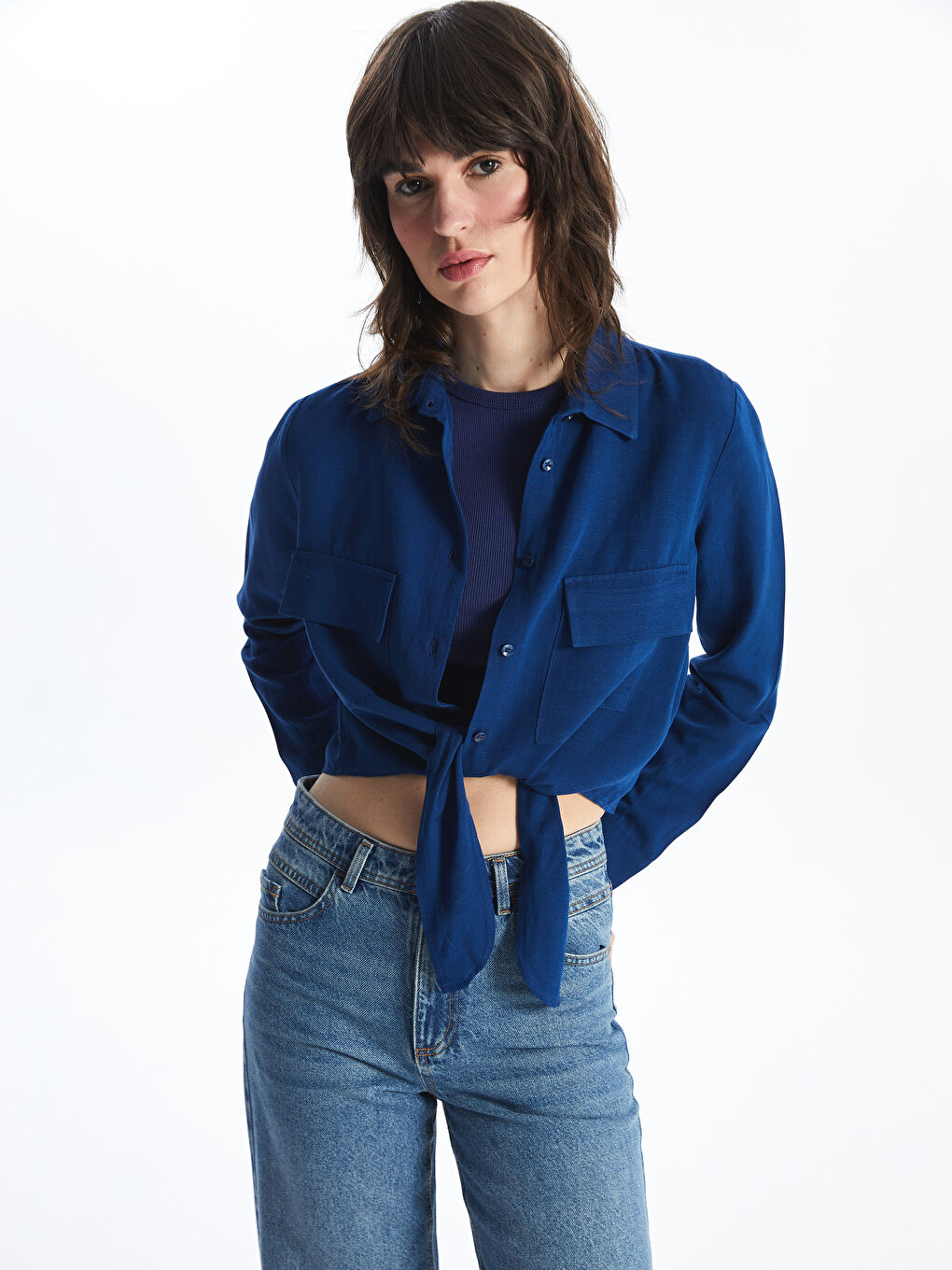 Straight Long Sleeve Linen Blend Women's Shirt -S4KU49Z8-YHT