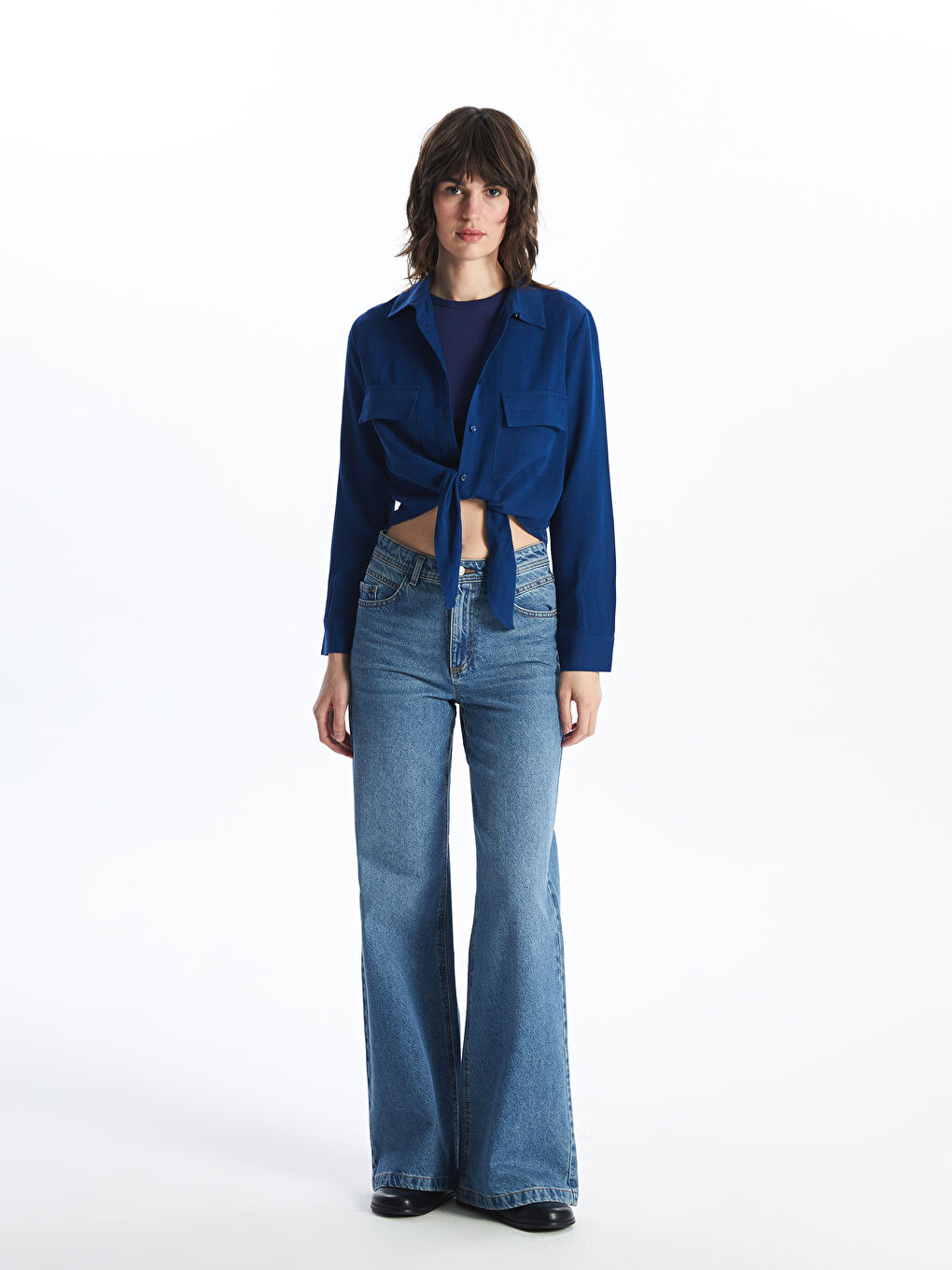 Straight Long Sleeve Linen Blend Women's Shirt -S4KU49Z8-YHT