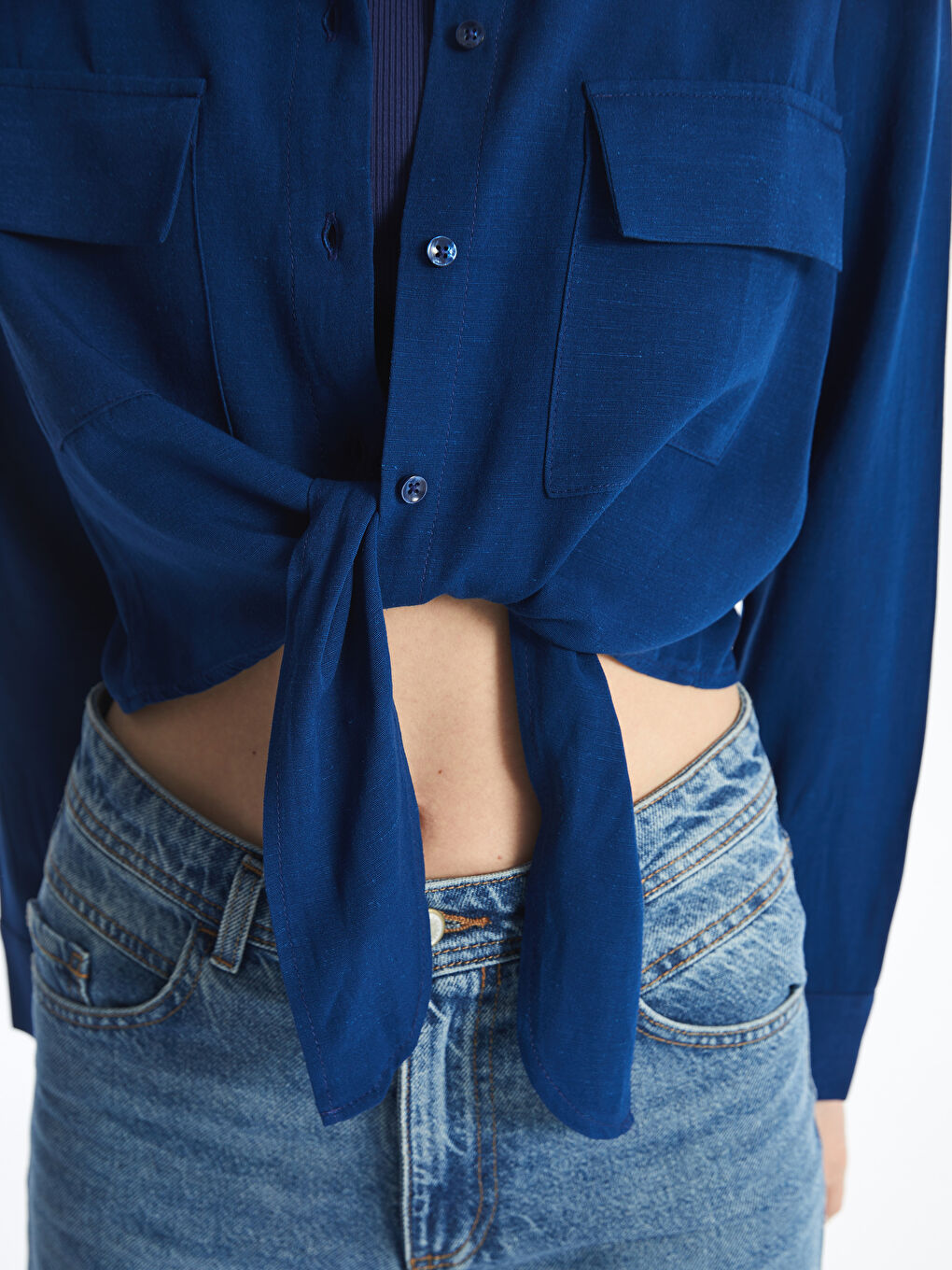 Straight Long Sleeve Linen Blend Women's Shirt -S4KU49Z8-YHT
