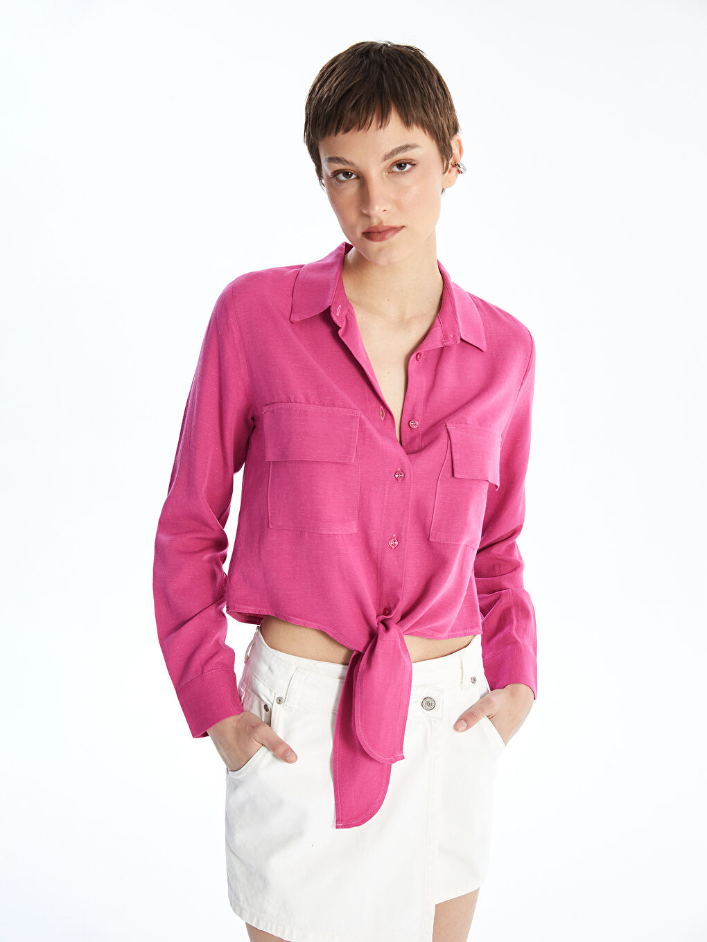 Straight Long Sleeve Linen Blend Women's Shirt -S4KU49Z8-VEL