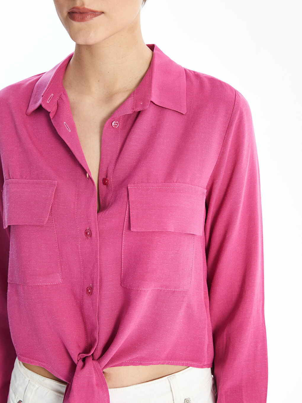 Straight Long Sleeve Linen Blend Women's Shirt -S4KU49Z8-VEL