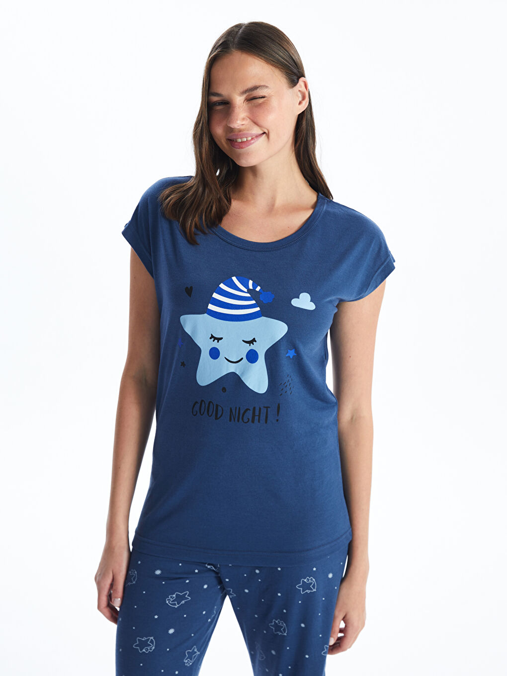 Lacivert Bisiklet Yaka Baskılı Kaprili Pijama Takım