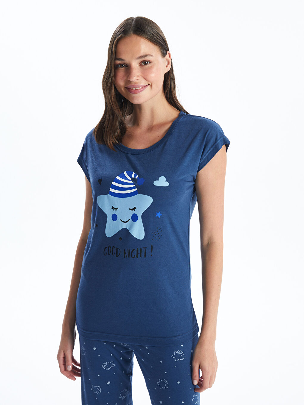 Lacivert Bisiklet Yaka Baskılı Kaprili Pijama Takım-1