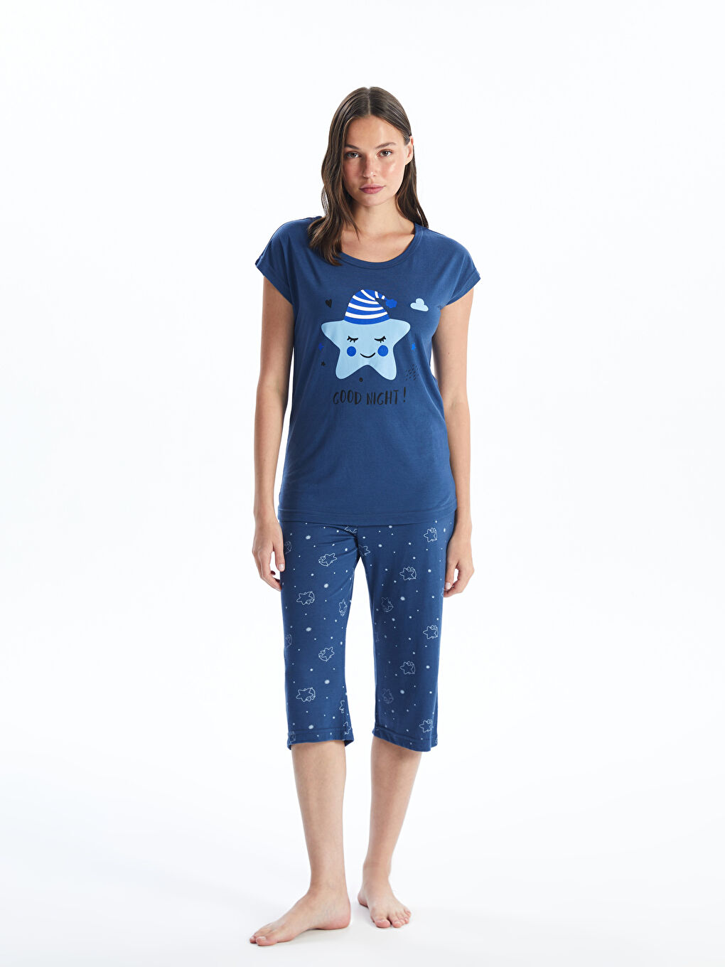 Lacivert Bisiklet Yaka Baskılı Kaprili Pijama Takım-2