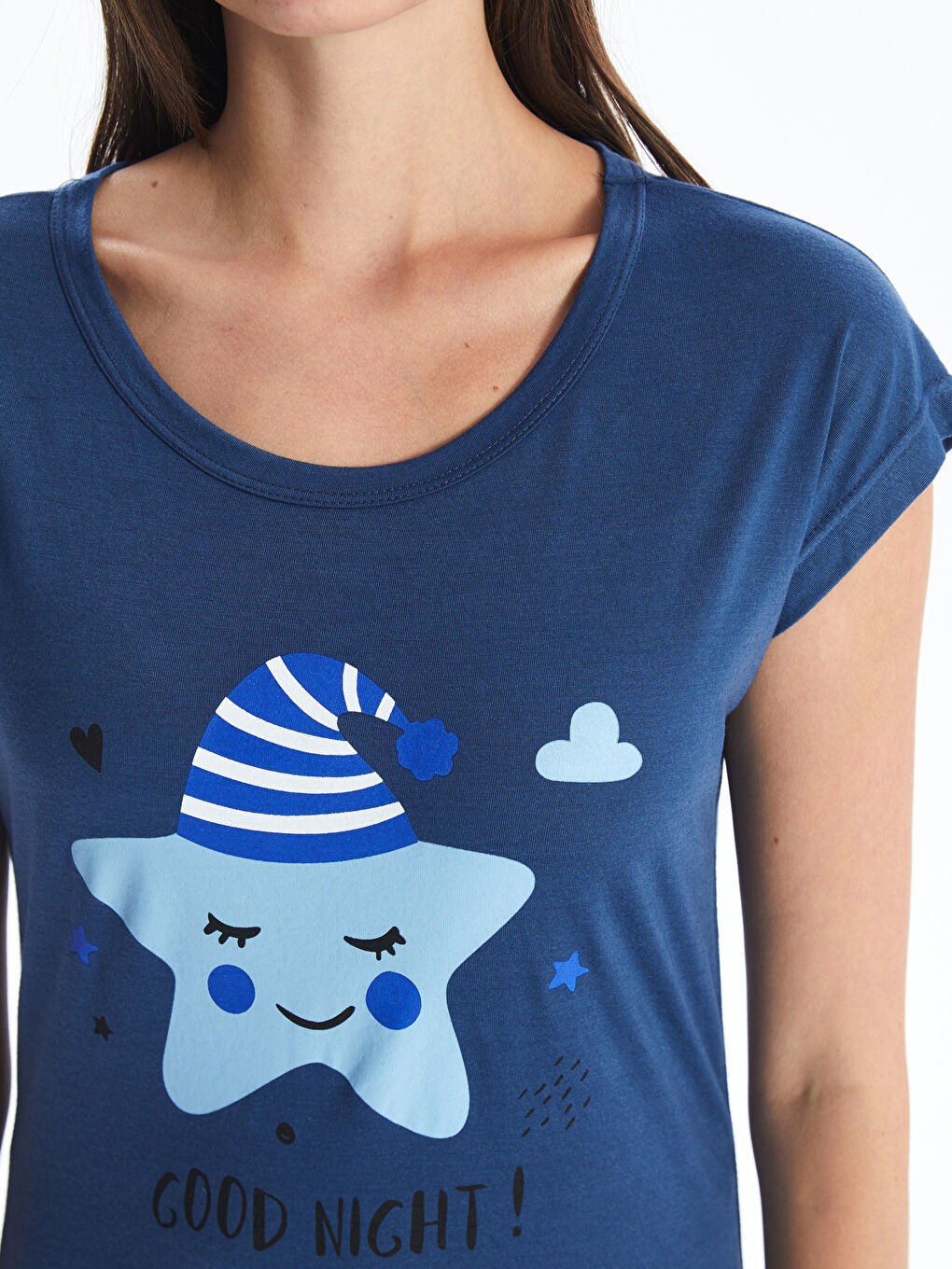 Lacivert Bisiklet Yaka Baskılı Kaprili Pijama Takım-3