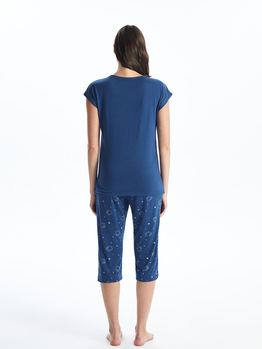 Lacivert Bisiklet Yaka Baskılı Kaprili Pijama Takım-4