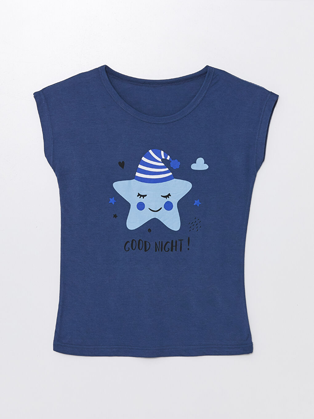 Lacivert Bisiklet Yaka Baskılı Kaprili Pijama Takım-6