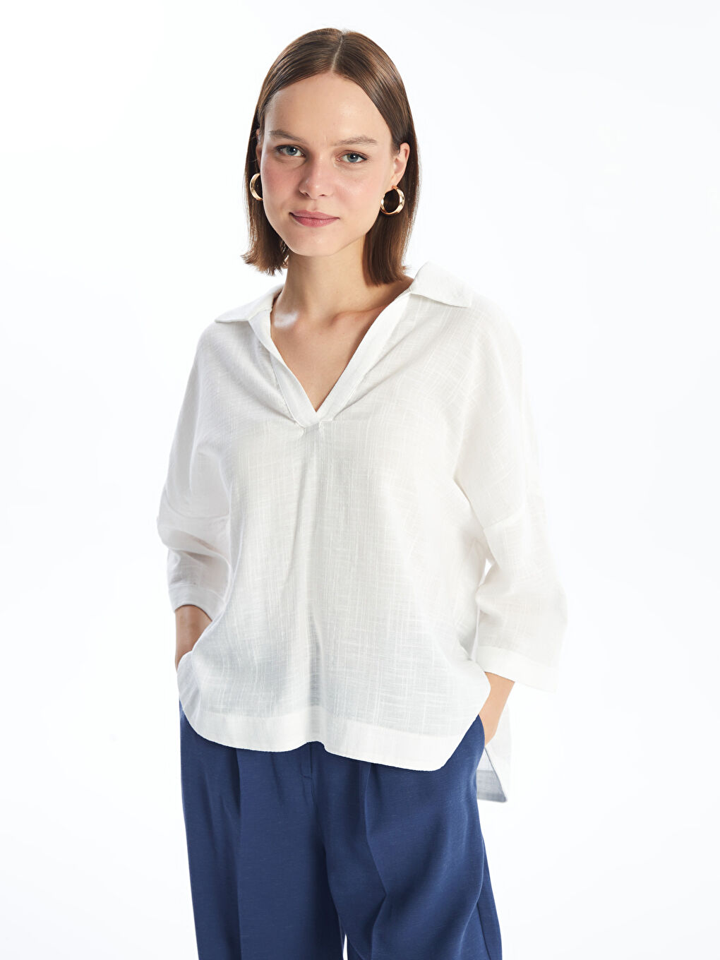 Collared Neck Plain Oversize Women's Blouse