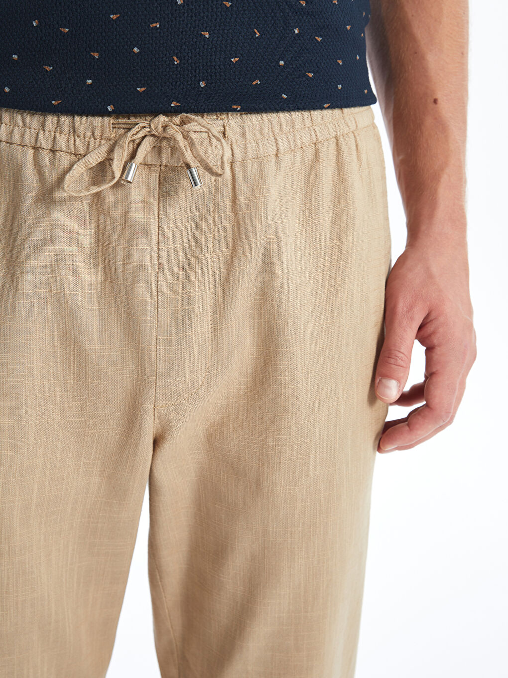 Slim Fit Linen Blend Men's Textured Trousers -S4KV40Z8-YEE